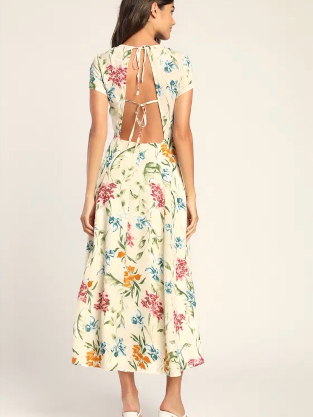 Lulu’s Positively Pretty Ivory Floral Print Tie-Back Midi Dress - Picture 2 of 5